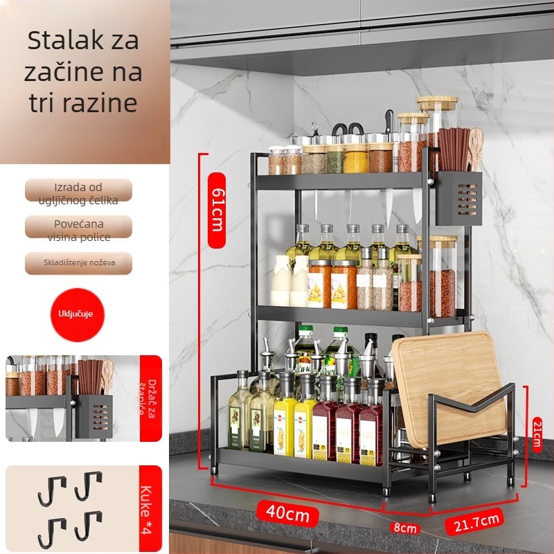 Stalak za začine na kuhinjskom pultu s držačem noževa, bez bušenja, od karbonske čelika