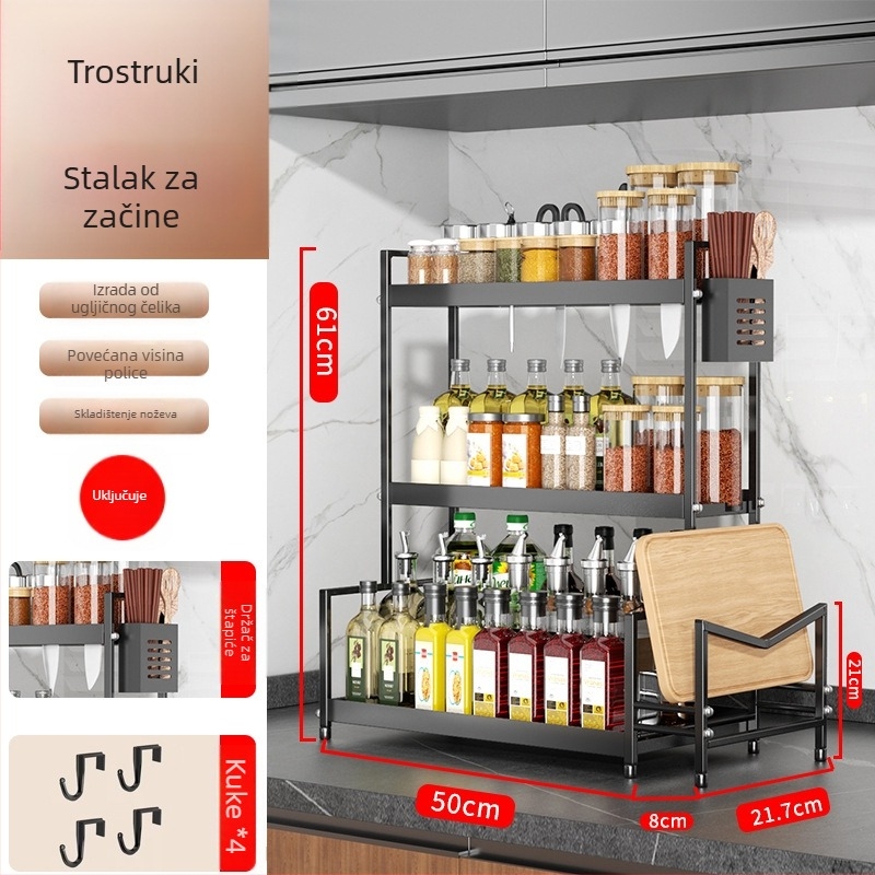 Stalak za začine na kuhinjskom pultu s držačem noževa, bez bušenja, od karbonske čelika
