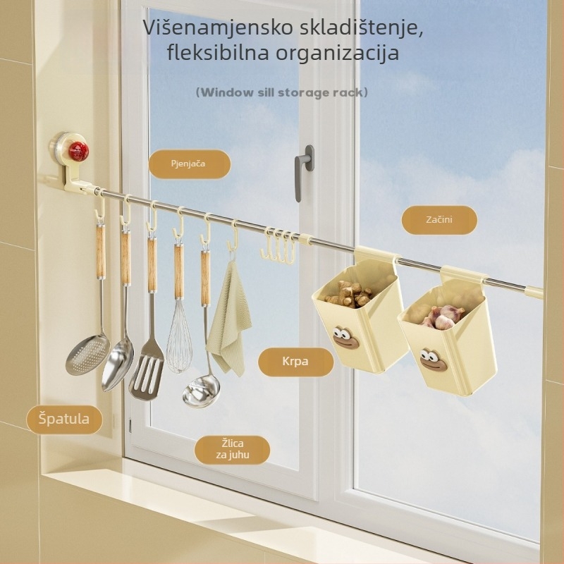 Kuhinjska teleskopna šipka s usisnim držačem – bez bušenja, držač za krpe i ručnike sa kukicama