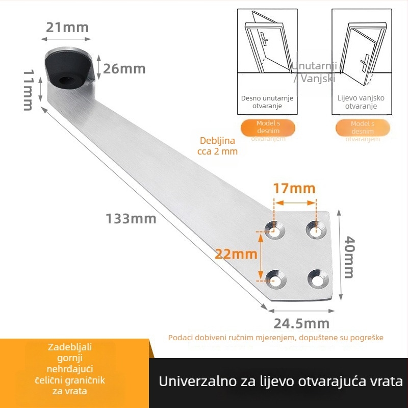 90° stopper za vrata za kupaonska vrata, podna montaža, nehrđajući čelik i plastika, model za lijeva i desna vrata, moderni minimalistički stil