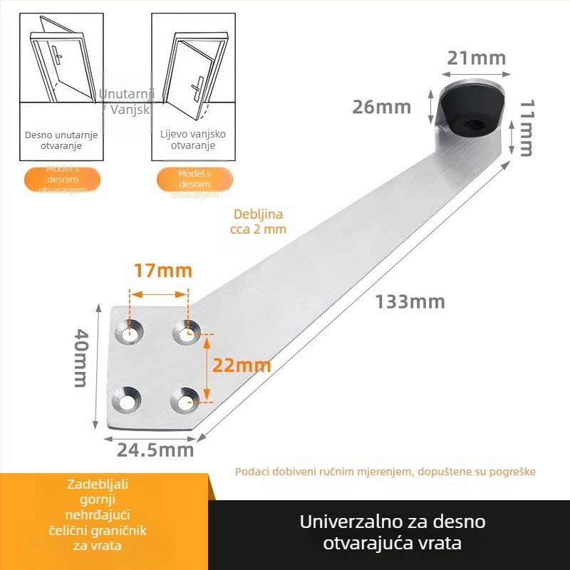 90° stopper za vrata za kupaonska vrata, podna montaža, nehrđajući čelik i plastika, model za lijeva i desna vrata, moderni minimalistički stil