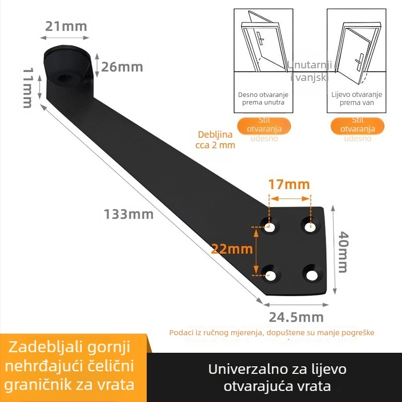 90° stopper za vrata za kupaonska vrata, podna montaža, nehrđajući čelik i plastika, model za lijeva i desna vrata, moderni minimalistički stil