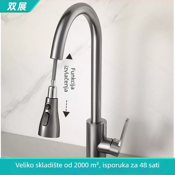 Nehrđajuća čelična izvlačna kuhinjska slavina, topla i hladna voda, teleskopskim izljevom, protiv prskanja