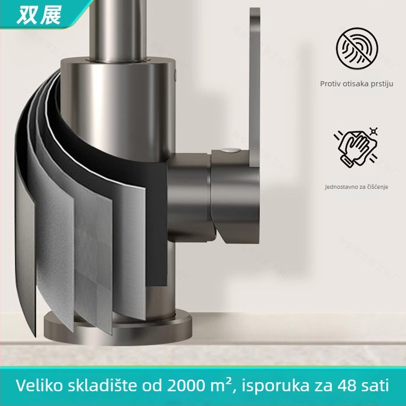 Nehrđajuća čelična izvlačna kuhinjska slavina, topla i hladna voda, teleskopskim izljevom, protiv prskanja