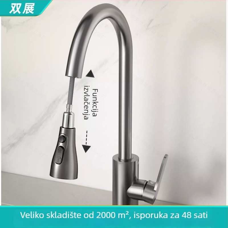 Nehrđajuća čelična izvlačna kuhinjska slavina, topla i hladna voda, teleskopskim izljevom, protiv prskanja