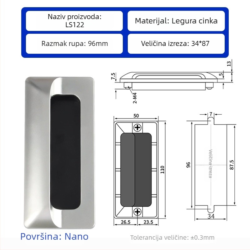 LS122 skrivena ručka za ormariće i ladice, bočno ugradbena ručka, uvlačena ručka, oblik polu-knedle, moderni minimalistički stil