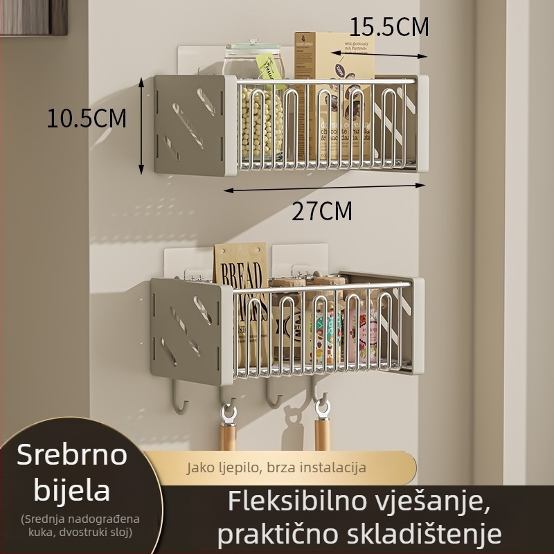 Zidni kuhinjski stalak za luk, đumbir i češnjak — višenamjenski metalni organizator za začine i povrće, bez bušenja