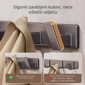 Držač za zid snažnim ljepilom, bez bušenja, za kuhinju i kupaonicu, vješalica za odjeću, aluminij Space, 3+ kuka, nosivost 3–5 kg