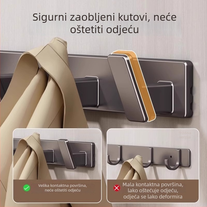 Držač za zid snažnim ljepilom, bez bušenja, za kuhinju i kupaonicu, vješalica za odjeću, aluminij Space, 3+ kuka, nosivost 3–5 kg