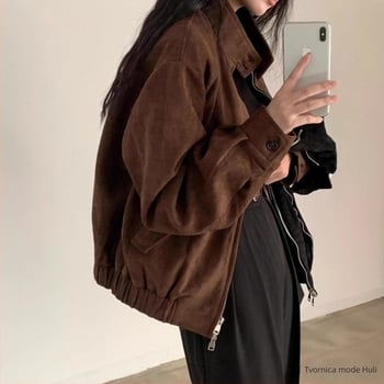 Ženska jakna od imitacije jelenske kože velur, proljetno-jesenski novi model, opušten kroj, retro američki stil, stojeći ovratnik, dugi rukav, zatvarač sprijeda