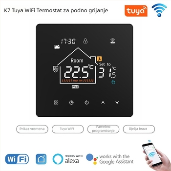 K7 grafiti-stil WiFi pametni termostat za podno grijanje za vodeno i električno grijanje, senzor vlažnosti i vremena