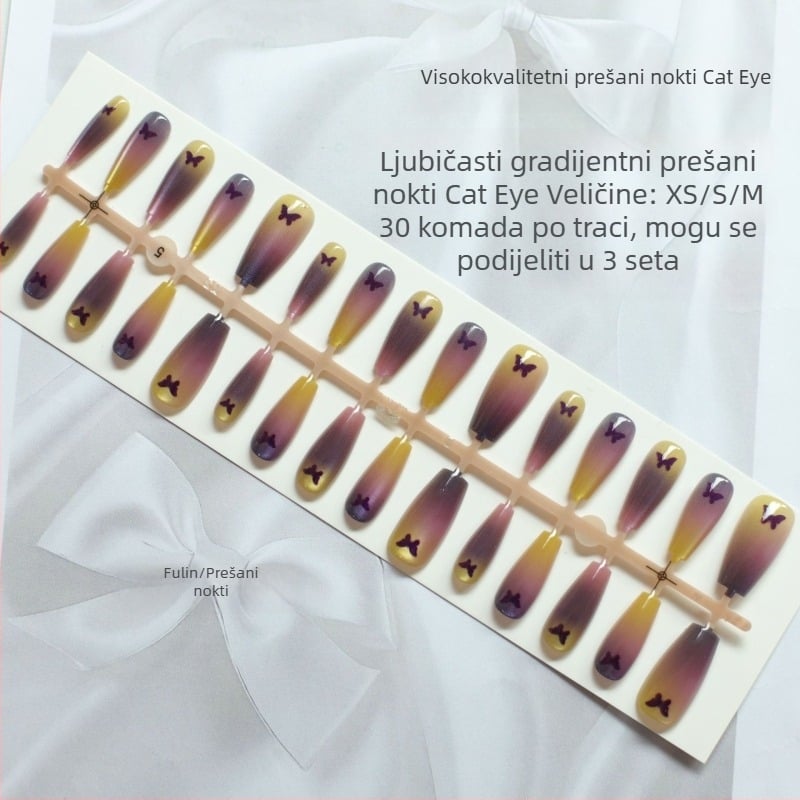Ljubičasti gradientni nokti s motivom leptira i mačjim okom, set od 30 komada, sladak i elegantan