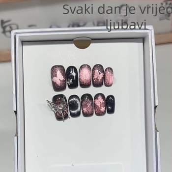 Ručno izrađeni kratki umjetni nokti s metalnim leptir dizajnom i efektom mačjeg oka sa zvjezdanim nebom, odvojivi