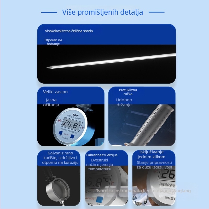 Ručni industrijski termometar visoke temperature s nehrđajućom sondom, digitalni zaslon, bimetalni senzor