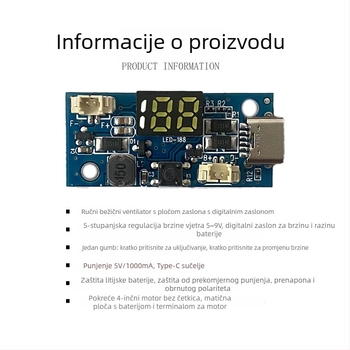 Prijenosna pločica ventilatora s digitalnim zaslonom, bezčetkasti mali ventilator i upravljačka ploča