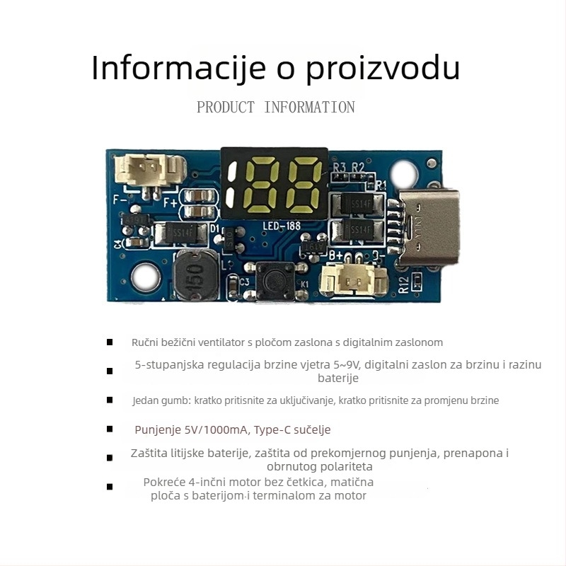 Prijenosna pločica ventilatora s digitalnim zaslonom, bezčetkasti mali ventilator i upravljačka ploča