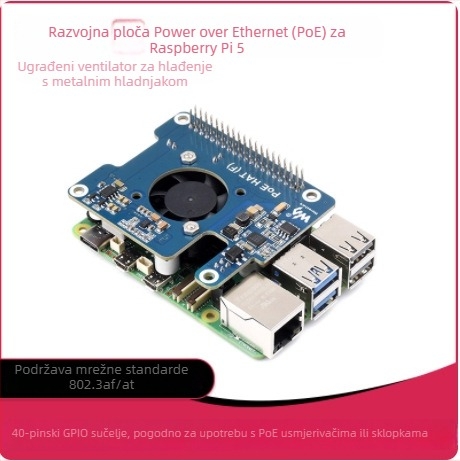 Proširena ploča PoE HAT za Raspberry Pi 5 s ugrađenim ventilatorom za hlađenje