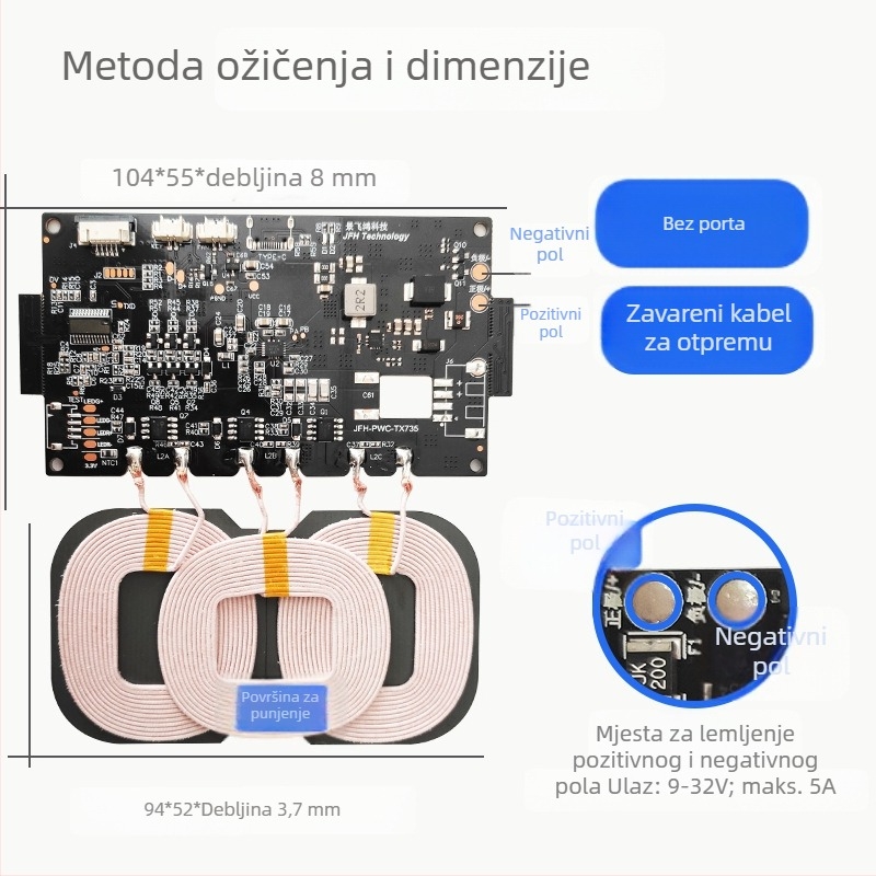 22W visoko učinkovit bežični modul za punjenje za vozilo i vanjski izvor napajanja PCBA, brzo punjenje 12V