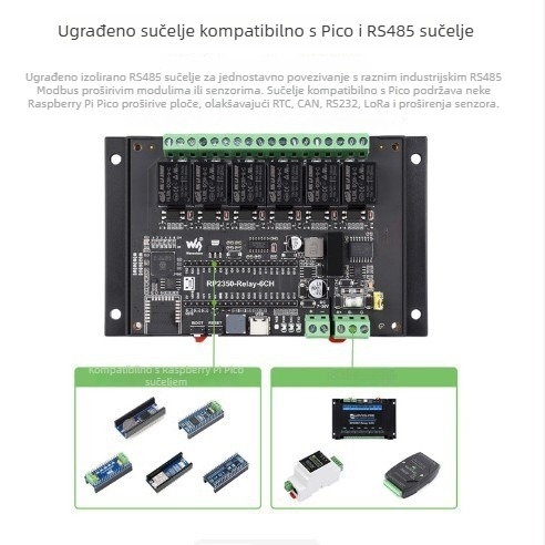 Raspberry Pi RP2350 razvojna ploča, industrijskog razreda, 6-kanalni relejni modul, izolirano RS485 sučelje
