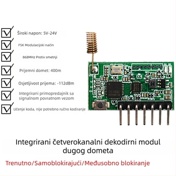 Bežični prijemno-emiterski modul s integriranim daljinskim upravljačem za sigurnosni sustav, 868 MHz