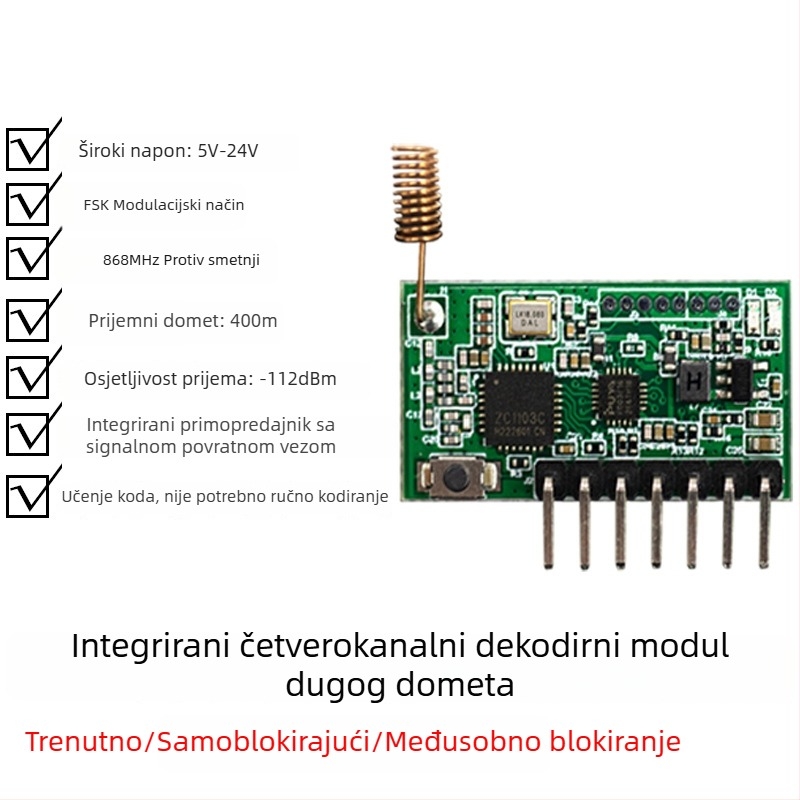 Bežični prijemno-emiterski modul s integriranim daljinskim upravljačem za sigurnosni sustav, 868 MHz