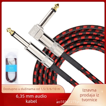 6,35 mm audio kabel, muški–muški, s pravim kutem, za električnu gitaru, bas i klavijature — ekraniran, smanjenje buke, najlon opleten, bakreno jezgro