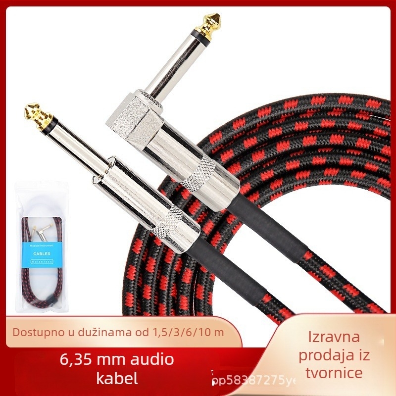 6,35 mm audio kabel, muški–muški, s pravim kutem, za električnu gitaru, bas i klavijature — ekraniran, smanjenje buke, najlon opleten, bakreno jezgro