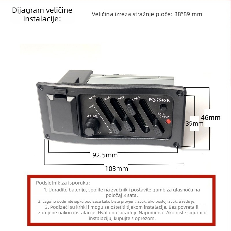 EQ7545R Pickup za folk akustičnu gitaru, tail-end tip, četverozonski EQ, baterija uključena