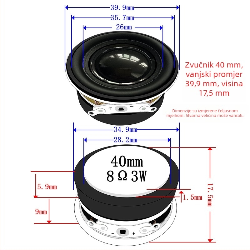 Jinggeyuan okrugli zvučnik promjera 40 mm s vanjskim magnetom, 13‑jezgreni, multimedijski mali zvučnik, 8 Ω, 3 W, srednjebass drajver