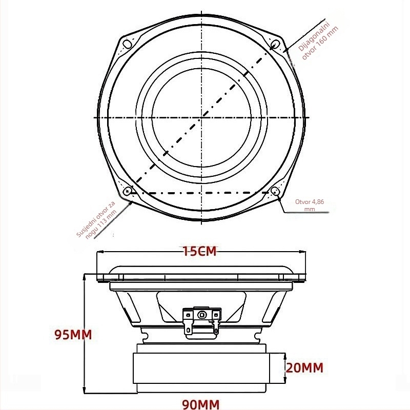 6-inčni subwoofer s dugim hodom, 4 Ω, 120 W, za DIY audio