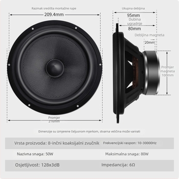 8-inčni subwoofer od karbonskih vlakana u obliku kugle za auto audio sustav, 6 Ω, 50/80 W, zvučnik s rogom bez gubitaka