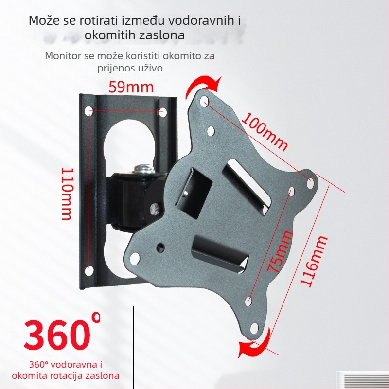 Teleskopski zidni nosač LCD monitora, 360° rotacija, za 12–27 inčnih zaslona