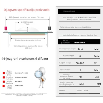 Visokotonac: zavojnica zvučnika s okruglom žicom i titanovom membranom, promjer 44,4 mm, 44-core sklop zvučnika – dijelovi za popravak
