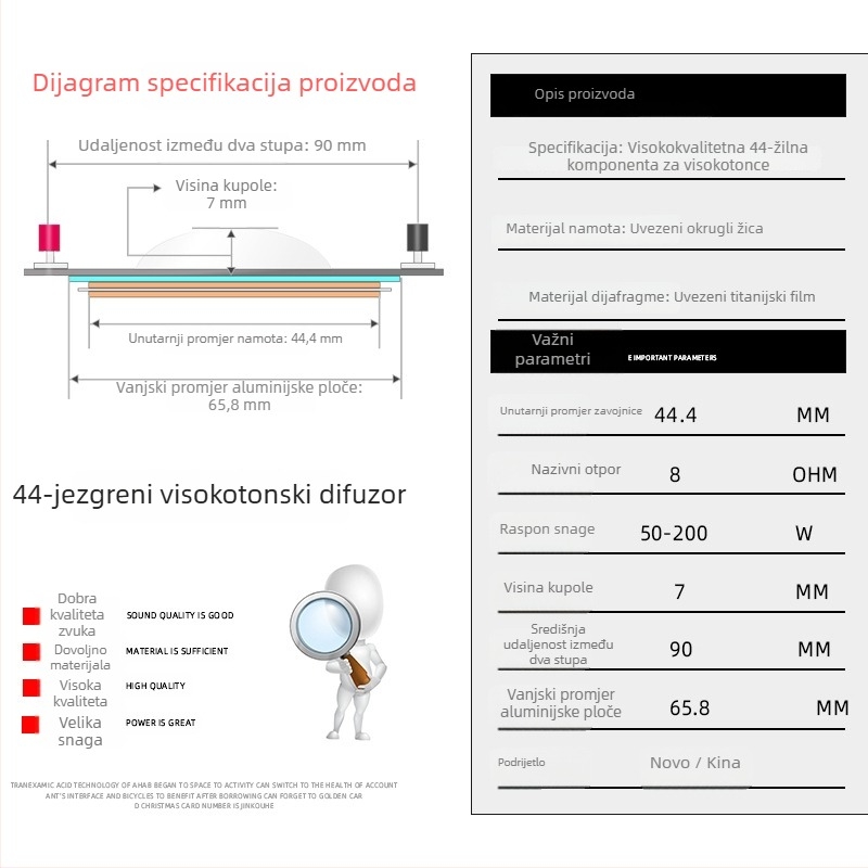 Visokotonac: zavojnica zvučnika s okruglom žicom i titanovom membranom, promjer 44,4 mm, 44-core sklop zvučnika – dijelovi za popravak