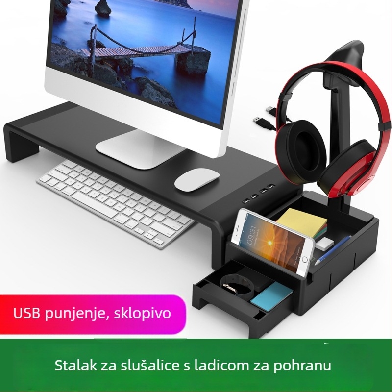 KM03 Sklopivi nosač za laptop i monitor s USB punjenjem, plastični stolni stalak za pohranu