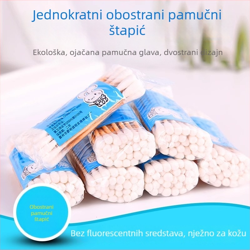 Jednokratni pamučni štapić s dvostrukom glavom i drvenim drškom, sterilni, antibakterijski, za čišćenje ušiju i kozmetičku upotrebu