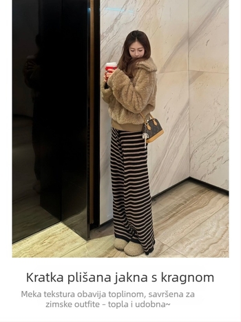 Jakna od plišane ovčje vune u kamel boji za žene, zima, debela fleec podstava, kratak kroj za manje tjelesne konstitucije