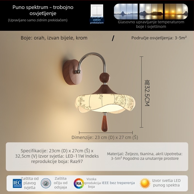 Zidna lampa s platnenim sjenilom, stil Song dinastije, LED, metalno i akrilno tijelo, za spavaću sobu i hodnik