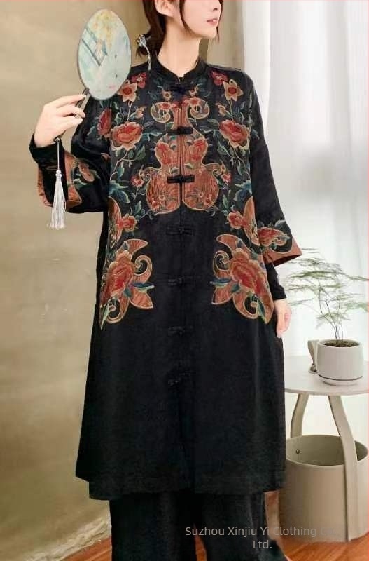 Ženski kaput s etničkim stilom, jacquard satin izvezen, visok ovratnik, srednja duljina