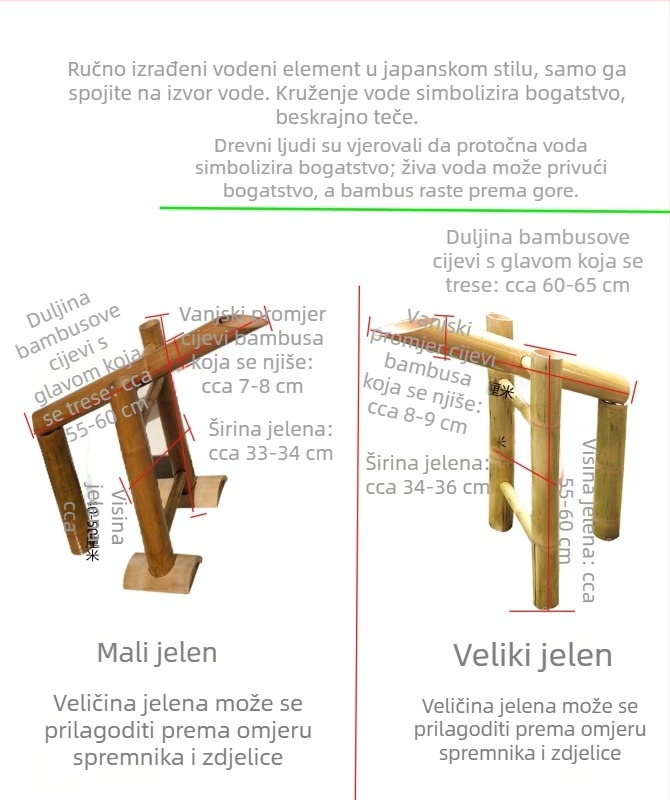 Dekorativni vodeni element u japanskom stilu s uplašenim jelenom, bambusovim splavom i kamenskim koritom – set ukrasa za dvorište