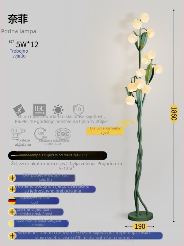 Podna lampa Lily-of-the-Valley za dnevni boravak, vintage francuski seoski stil, cvjetna lampica uz kauč