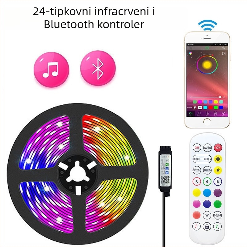 LED trak 5V 5050RGB, višebojna promjena boja Bluetooth upravljanje, 24 tipke, daljinski upravljač, atmosferično osvjetljenje