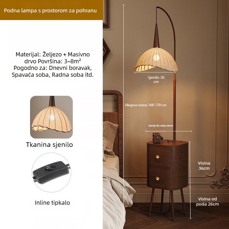 Vintage podna lampa s drvenim spremnikom za pohranu i bežičnim punjenjem — lampa za noćni ormarić u spavaćoj sobi