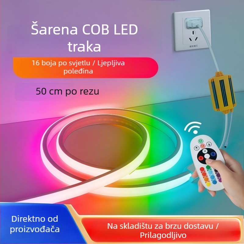 RGB COB LED traka 220V sa samoljepivom stražnjom stranom, priključno napajanje, promjena boja za atmosferu – dekor za gaming sobu