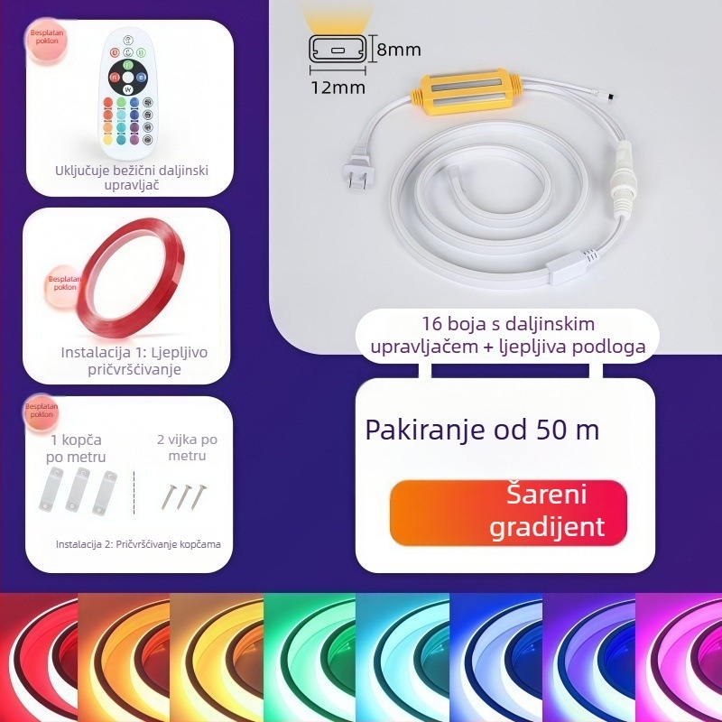 RGB COB LED traka 220V sa samoljepivom stražnjom stranom, priključno napajanje, promjena boja za atmosferu – dekor za gaming sobu