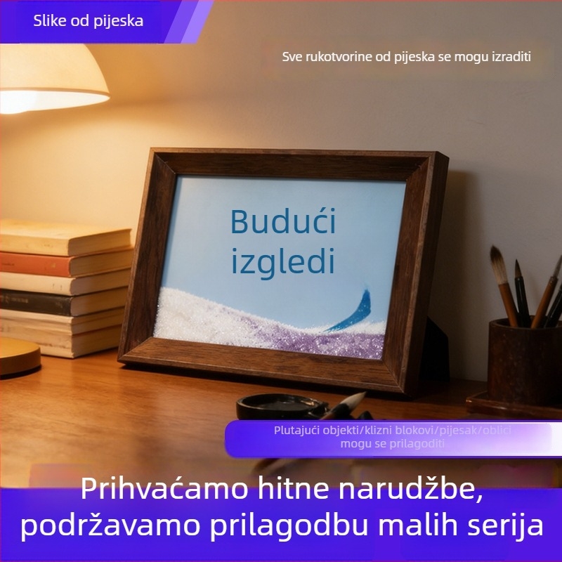 Okvir s tekućim pijeskom, kaligrafijom i pejzažnom slikom – akrilni stolni ukras