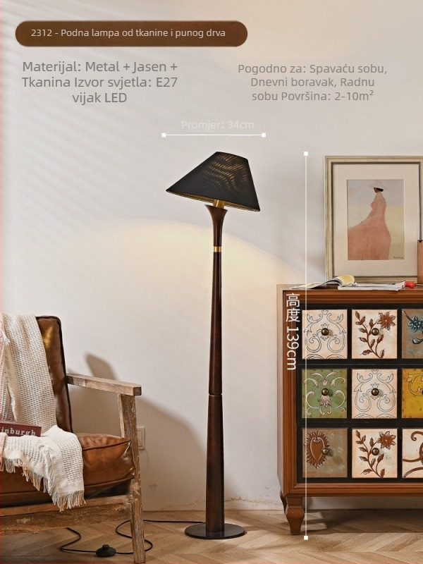 Retro podna svjetiljka za dnevni boravak, uz kauč, u stilu sredine 20. stoljeća, s Nan yan naglascima