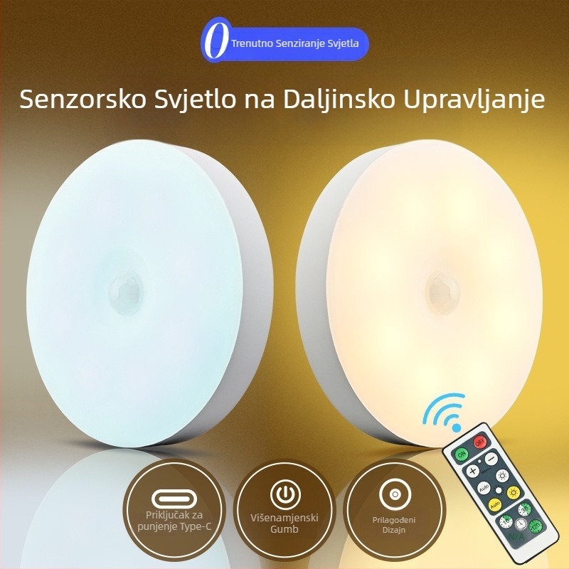 Pametno noćno svjetlo sa senzorom pokreta i daljinskim upravljanjem, Type-C punjenje, magnetsko pričvršćivanje na ormarić, kružni dizajn s tajmerom