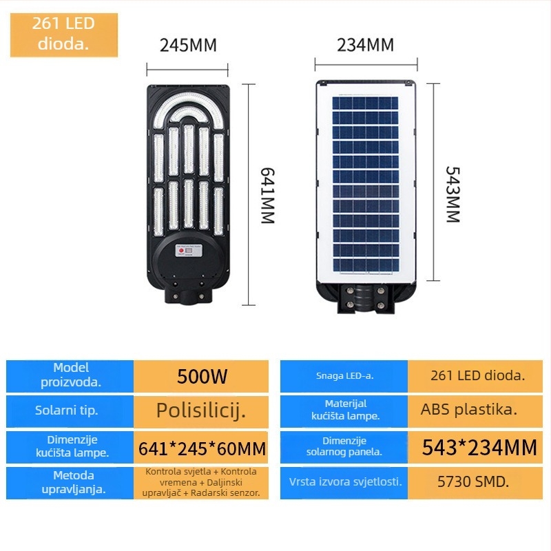 Integrirana solarna ulična svjetiljka, vodootporna vanjska rasvjeta za vrt i seosku cestu LED