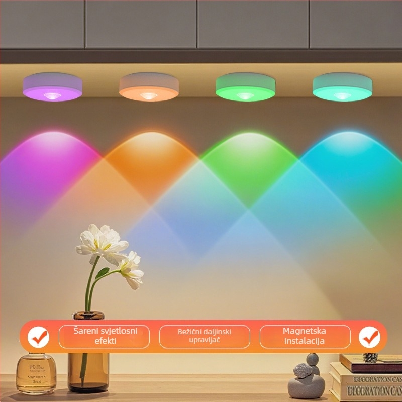 RGB bežično svjetlo za ormare – LED disk svjetlo, baterijsko napajanje, kuhinja i ormar, noćna svjetiljka